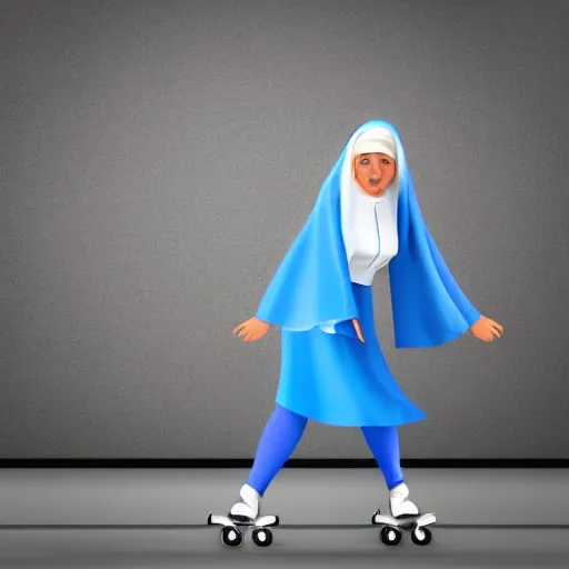 Image similar to blonde nun in blue clothes on roller skates, photorealistic