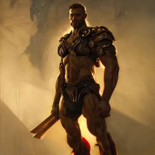 Image similar to handsome portrait of a spartan guy bodybuilder posing, radiant light, caustics, war hero, crimson cape, metal gear solid, by gaston bussiere, bayard wu, greg rutkowski, giger, maxim verehin