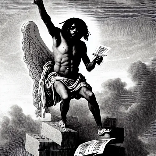 Image similar to cheef keef ascending into heaven holding stacks of cash, biblical image, style of gustave dore, highly detailed, beautiful, high contrast, black and white