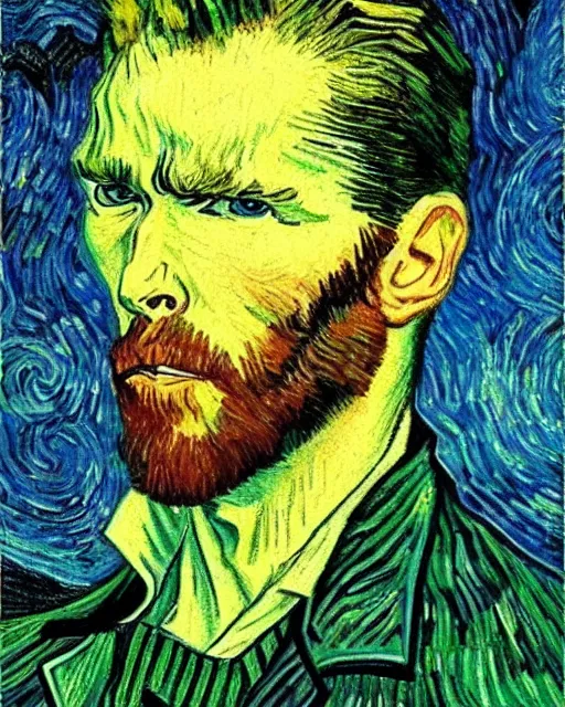 Prompt: The Matrix movie frame in the style of Van Gogh self portrait, face, detailed, sharp focus