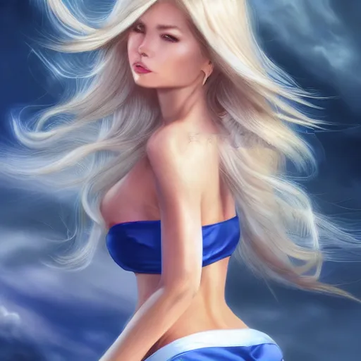 Image similar to a very beautiful young donald trump, full body, long wavy blond hair, sky blue eyes, full round face,, bikini, miniskirt, front shot, highly detailed, cinematic wallpaper by stanley artgerm lau