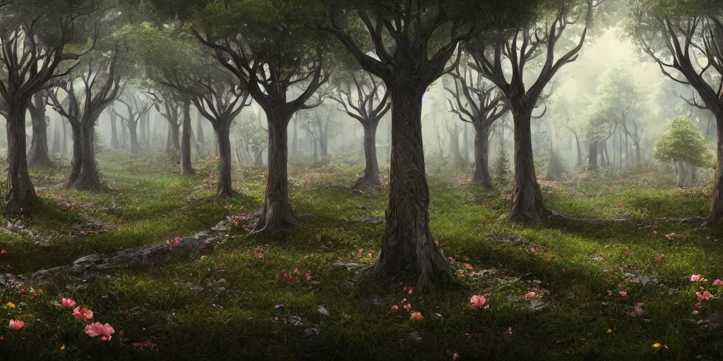 Image similar to A memorial grove of trees of various sizes dedicated to missing people, metal plaques, solemn, somber tone, flowers, game art matte painting hyperdetailed, artstation, cgsociety, 8k, surreal dream landscape