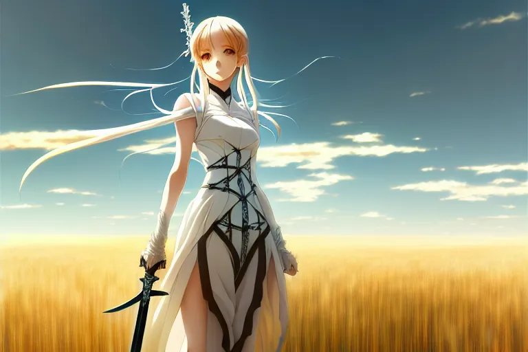 Image similar to wlop's legendary and beautiful anime - style digital painting of saber lily standing in a field of wheat, facing the far - off city to the west, intricate details, ultra realistic, beautiful art, volumetric lighting, by wlop, by art germ, by brom, trending cgsociety, artstation