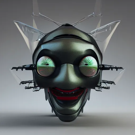 Prompt: 3d render of evil fly robot head, by Kezie Demessance, Ha Gyung, Hasui Kawase, vivid color, volumetric lighting, corona render