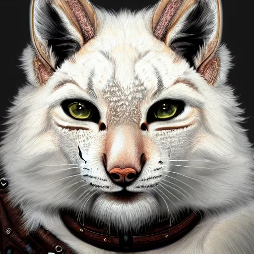 Prompt: smart white lynx portrait by Les Edwards and Noriyoshi Ohrai, furry art, steampunk fantasy style, 4k, trending on artstation