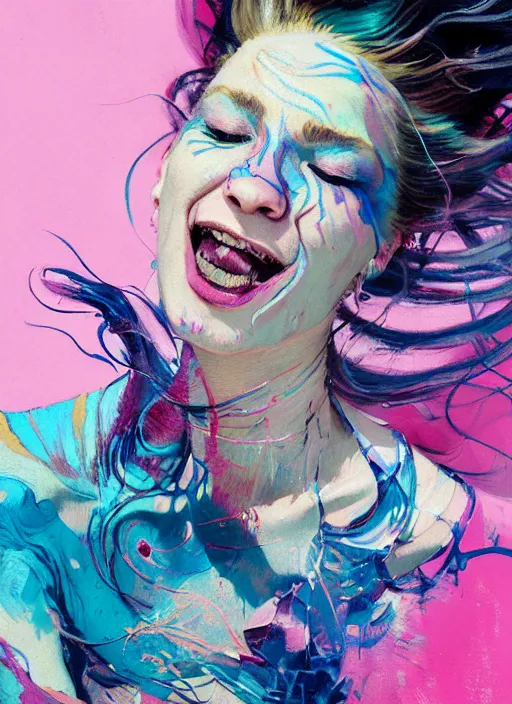 Prompt: portrait of a beautiful woman, funky hair, tattoos, smiling, ecstatic, dancing, eyes closed, open mouth, shades of pink and blue, beautiful face, rule of thirds, intricate outfit, spotlight, by greg rutkowski, by jeremy mann, by francoise nielly, by van gogh, digital painting