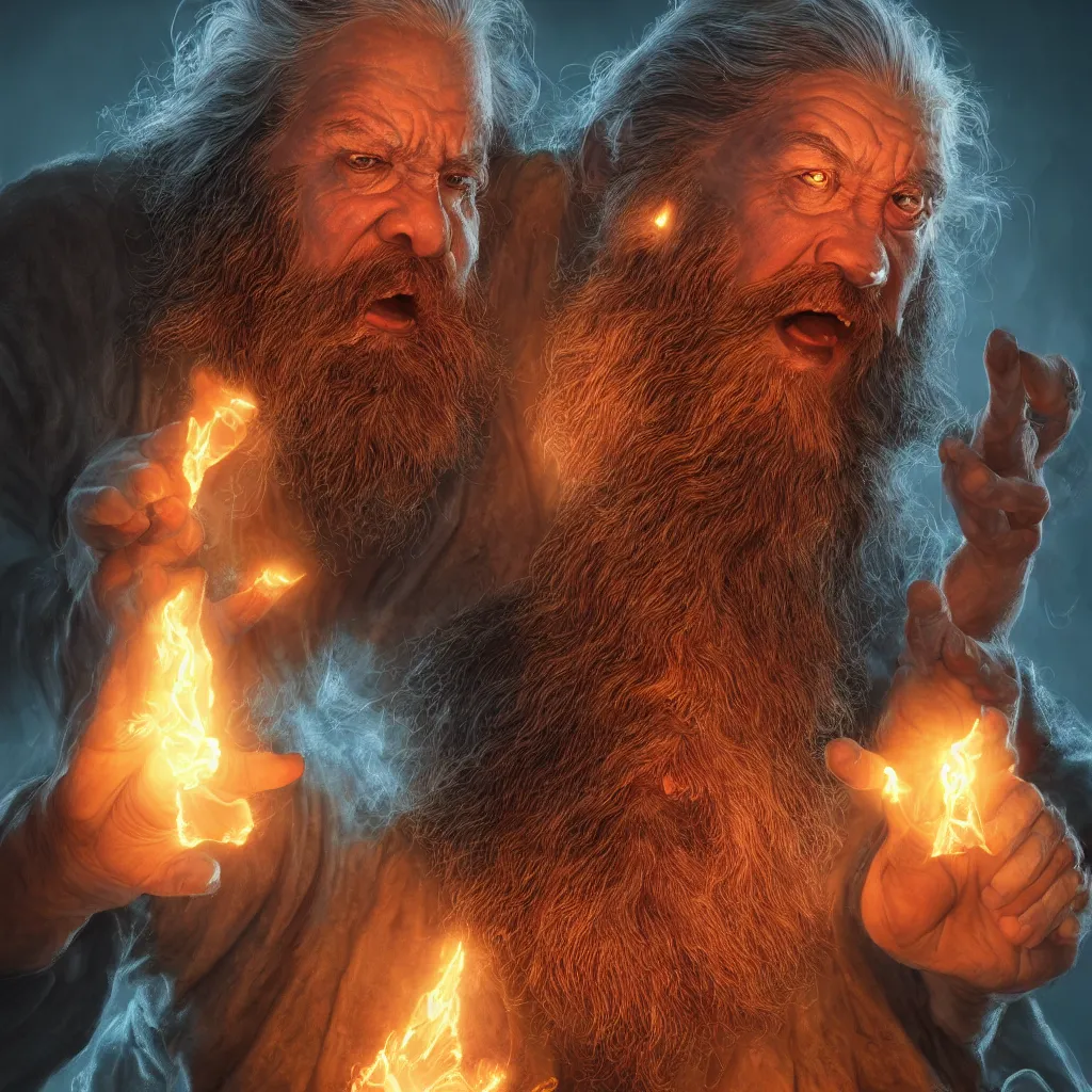 Image similar to Photorealistic cinematic close-up portrait of one angry dwarf wizard casting a fireball spell, by Larry Elmore and Steven Belledin . Magical occult photorealism, UHD, amazing depth, glowing, golden ratio, 3D octane cycle unreal engine 5, volumetric lighting, cinematic lighting, cgstation artstation concept art