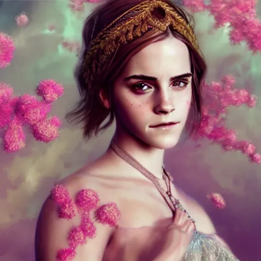 Image similar to emma watson expressive full body photo, of beautiful angel, smooth glowing skin, ornate headpiece made from pink flowers, glamour shot, by yoshitaka amano, by greg rutkowski, by jeremyg lipkinng, by artgerm, digital art, octane render