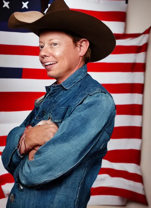 Image similar to election portrait of brock pierce, american flag on background, cowboy style.