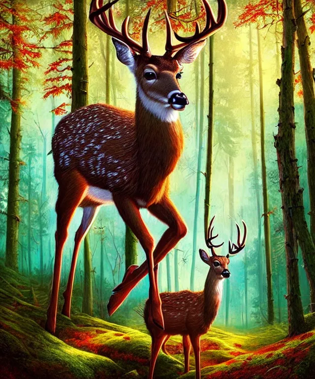 Prompt: a single realistic deer, walking through a psychedelic forest, wide angle landscape shot, pixar style by tristan eaton, artgerm and tom bagshaw