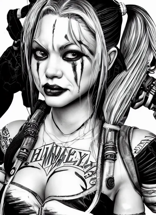 Image similar to highly detailed ink illustration of harley quinn, unreal engine, octane render, b & w clean shaped illustration by kim jung gi, ron english and eiichiro oda