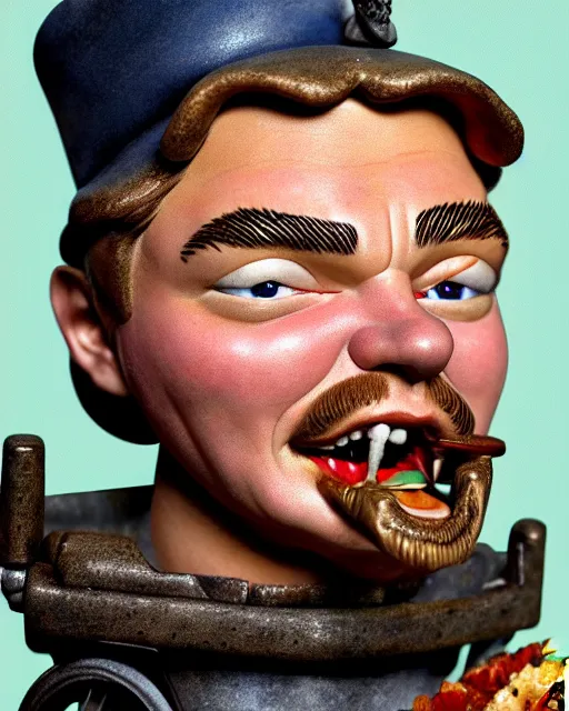 Image similar to highly detailed closeup, face profile portrait of a tin toy leonardo dicaprio as a medieval goblin eating cakes in a castle, hyper realistic, artstation, illustration, nicoletta ceccoli, mark ryden, lostfish, dan decarlo, bob clampett, max fleischer, digital paint, matte paint, vivid colors, detailed and intricate environment