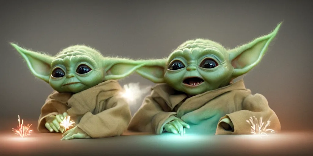 Prompt: fireworks form shapes the resemble baby yoda. 8 k, 4 k, hq, 3 d render, digital art, dramatic lighting, comedy, science fiction, hyper realistic, ultra detailed. style of arrival, fifth element.