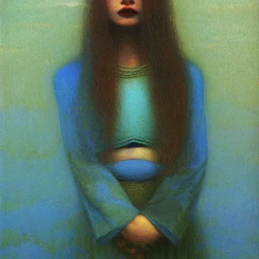 Prompt: young female in azure dress painting by Beksinski