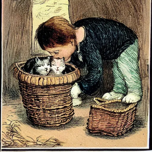 Image similar to child's illustration basket of kittens randolph caldecott