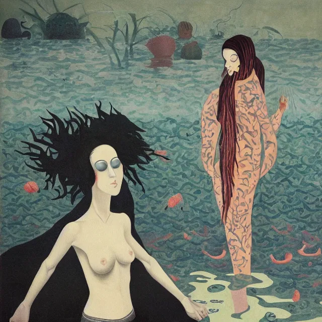 Image similar to tall emo female artist holding a large fish in her flooded kitchen, seaweed, pomegranates, octopus, water gushing from ceiling, painting of flood inside an artist's apartment, a river flooding indoors, ikebana, zen, rapids, waterfall, black swans, canoe, berries, acrylic on canvas, surrealist, by magritte and monet