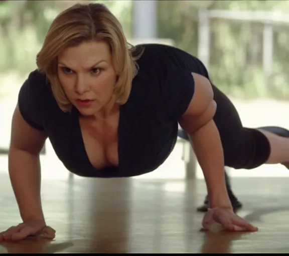 Prompt: muscular Kim Wexler doing push-ups, movie still, realistic, close up, shot by Vince Gilligan, photorealistic