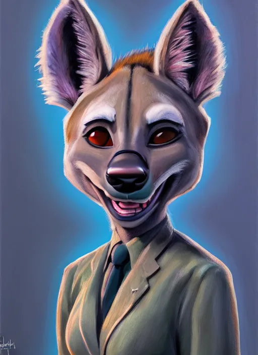 Image similar to oil painting detailed full body of anthromorphic female hyena, in style of zootopia, zootopia, zootopia, fursona, furry, furaffinity, 4 k, deviantart, furry art, fursona art, wearing black business suit, business suit, in style of zootopia, hyena fursona, cyberpunk, female, expressive, detailed feminine face,