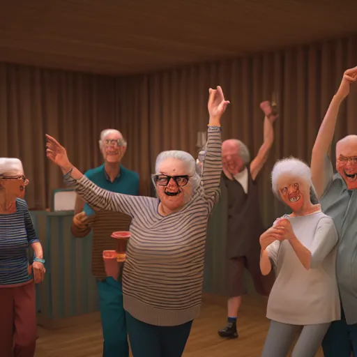 Prompt: photography of old people raving in retirement home by Alexis Dibiasio Rendered in VRAY.