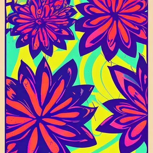 Prompt: psychedelic, vintage, flower child, 7 0 s, graphic design poster, bold, organic, analogous colors