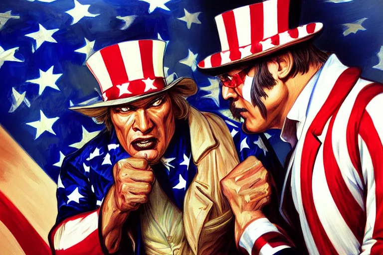 Prompt: painting of uncle sam punching steven seagal, coherent, intricate, elegant, highly detailed, digital painting, artstation, concept art, smooth, sharp focus, illustration, art by artgerm and greg rutkowski and alphonse mucha