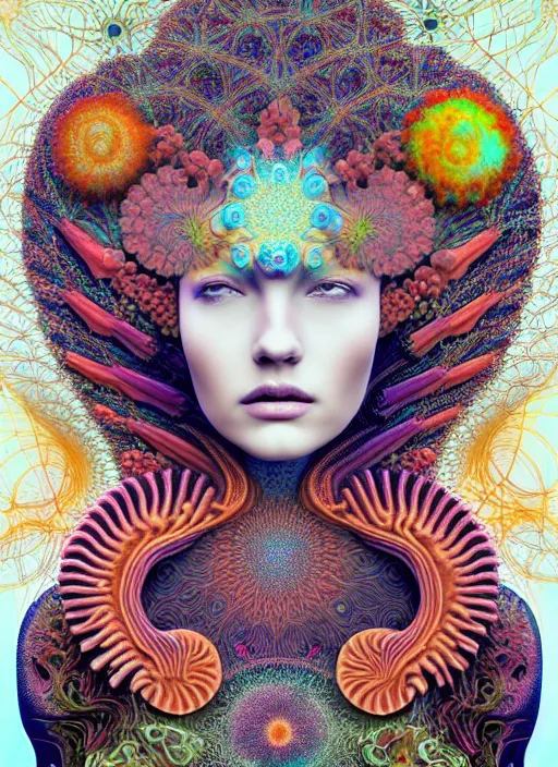 Prompt: ridiculously beautiful young womans face, radiating psychedelics, blooming, portals into dimensions, coral, birds, symmetrical, in the style of ernst haeckel, effervescent, sacred geometry, surrealism, photo realistic, epic and cinematic