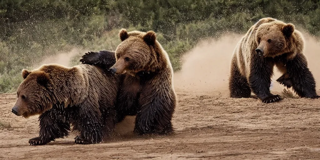 Prompt: A grizzly bear fighting a monster truck in its natural habitat