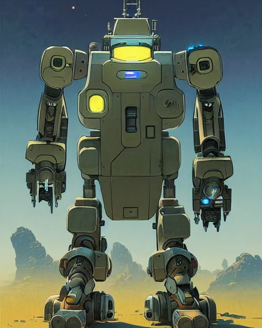 Image similar to bastion the friendly robot from overwatch, character portrait, portrait, close up, concept art, intricate details, highly detailed, vintage sci - fi poster, retro future, in the style of chris foss, rodger dean, moebius, michael whelan, and gustave dore