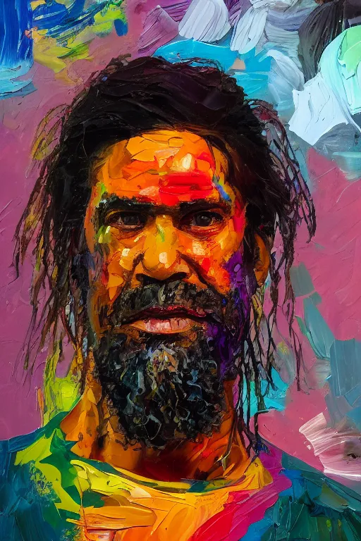 Prompt: palette knife oil painting portrait of a middle aged, athletic, lean, aboriginal australian hipster, open shirt, body paint, psychedelic, dreamtime, nightclub background, artstation trending, artgerm, any racial background, deviant art, hipster, octane, substance, art history 8 k