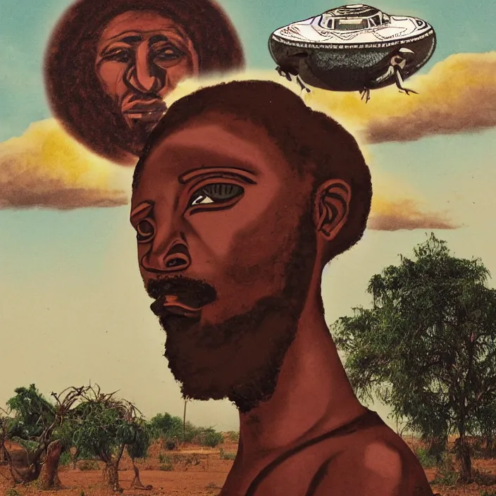 Image similar to UFO hovering over an African Jesus , clouds, in the style of Nigerian truck art (Eagle & Snake, Kano),