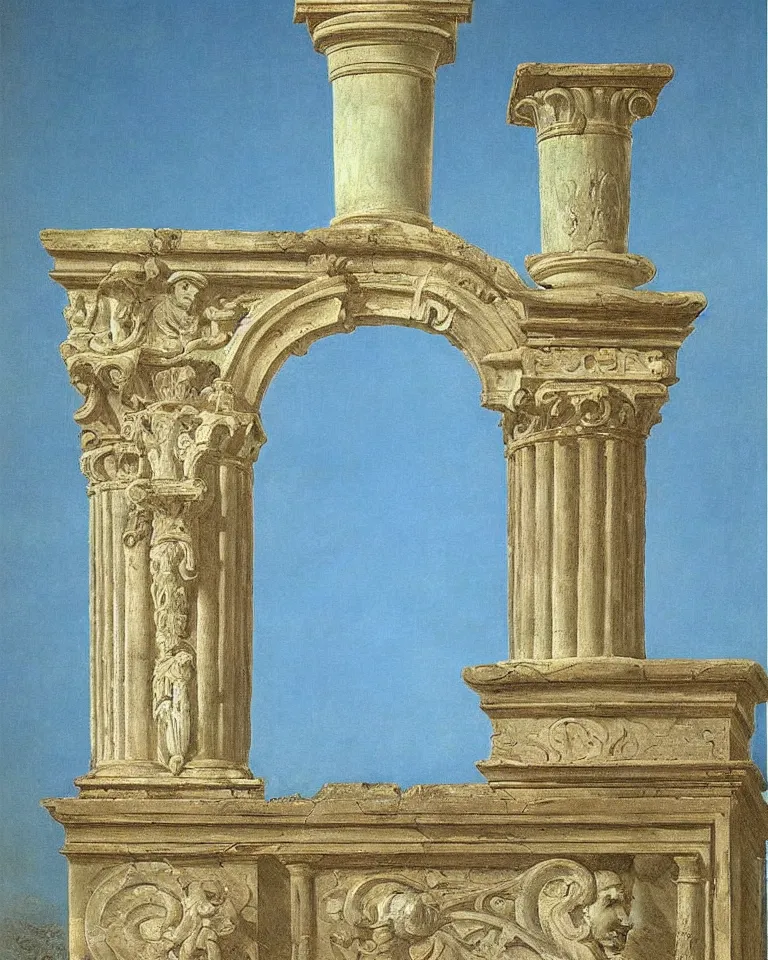 Prompt: achingly beautiful painting of intricate ancient roman ionic capital on a baby blue background by rene magritte, monet, and turner. giovanni battista piranesi.