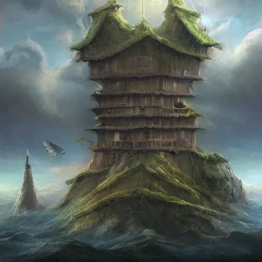 Prompt: beautiful matte painting of floating fort in the sky, mai anh tran,