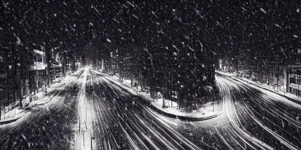 Image similar to a city street at night, snowing, photograph, cyberpunk, sharp focus, intricate detail, Desolate, drone shot, high resolution, 8k neon streetlights