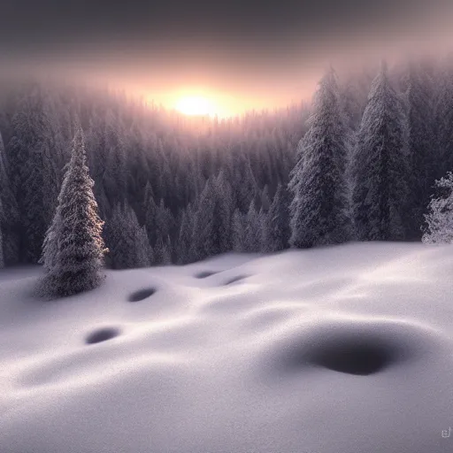 Image similar to tall snowy mountain, realistic, detailed, fog, award winning photo, sunset, 8 k