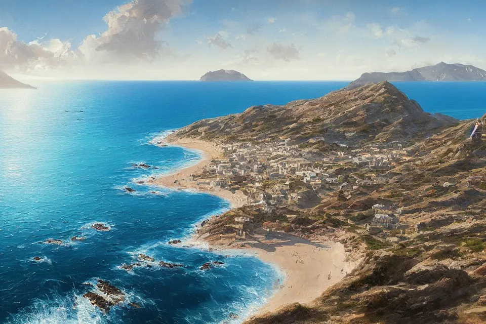 Image similar to highly detailed painting of kreta, ocean view, sunny, by greg rutkowski, by raphael lacoste, 4 k resolution, trending on artstation