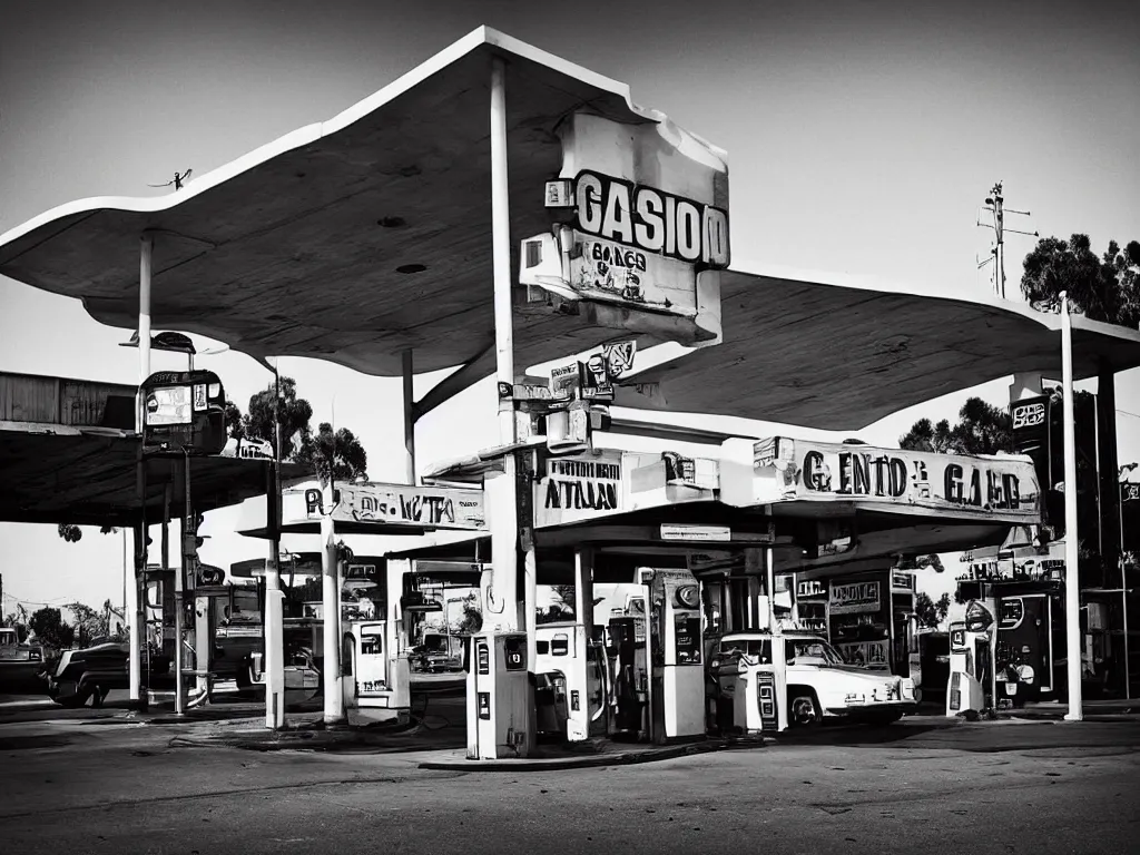 Image similar to “A black and white 28mm photo of a vintage gas station in Los Angeles by estevan oriol”