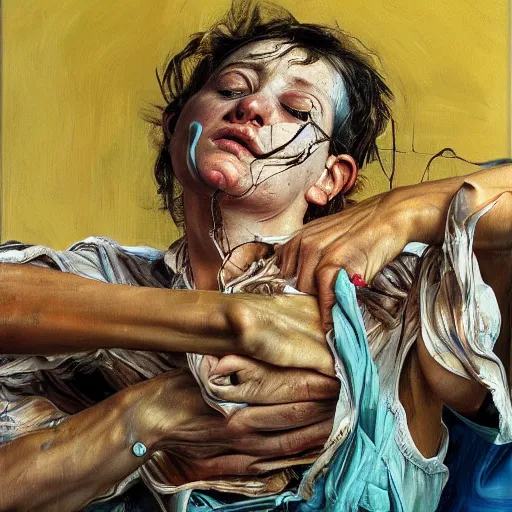 Image similar to high quality high detail painting by lucian freud and jenny saville, hd, dancing, turquoise