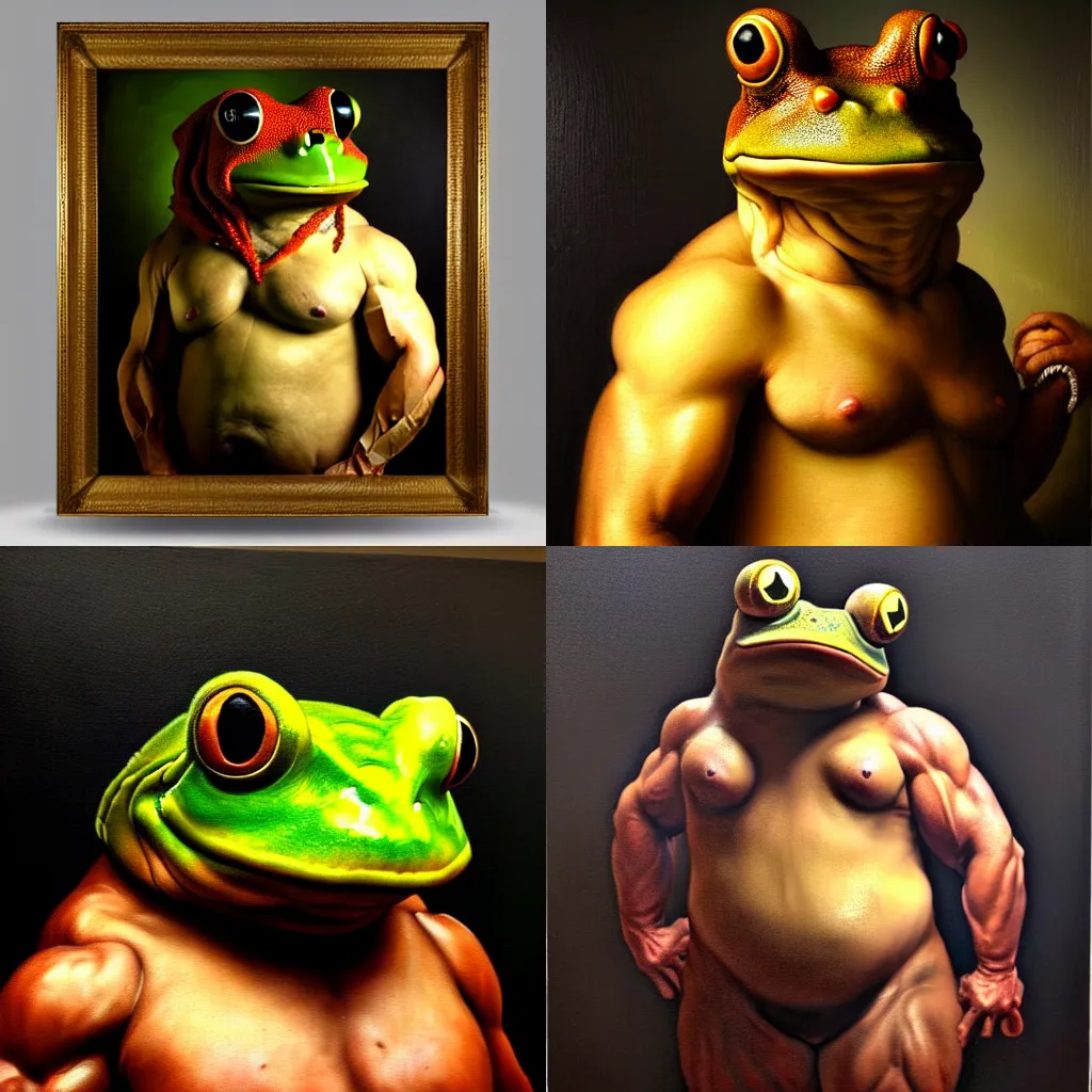 Prompt: subject: muscular barbarian oversized frog anthropomorphic medium shot portrait, style: very heavy textured rembrandt oil painting with dramatic light