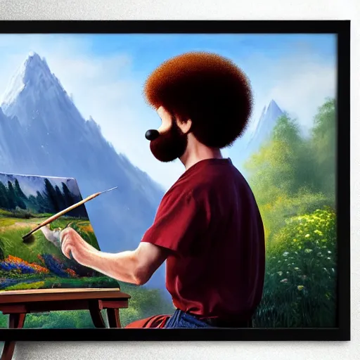 Image similar to a closeup photorealistic photograph of bob ross working on a canvas painting of mickey mouse. film still. brightly lit scene. mountains and trees. this 4 k hd image is trending on artstation, featured on behance, well - rendered, extra crisp, features intricate detail, epic composition and the style of unreal engine.