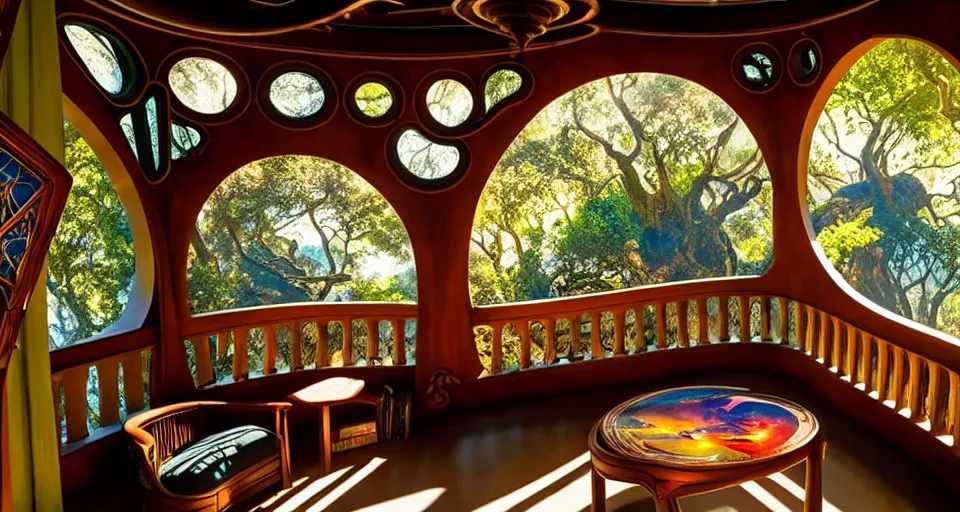 Image similar to An incredibly beautiful scene from a 2022 Marvel film featuring a cozy art nouveau reading nook balcony in a fantasy treehouse interior. 8K UHD.