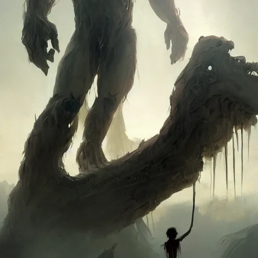 Image similar to a beautiful terrifying immense pale humanoid giant looms over a tiny human. ethereal horror fantasy art by greg rutkowski