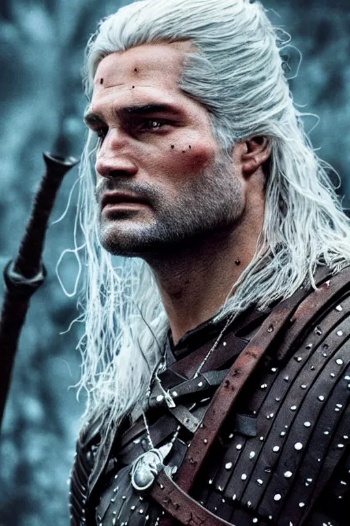 Prompt: the witcher, josh holloway face!!!, masterpiece, white hair, highly detailed face, ultra realistic, concept art, intricate details, highly detailed, photorealistic, octane render, 8 k, unreal engine. horror film still, heavy grain, 3 5 mm, art by artgerm and greg rutkowski and alphonse mucha