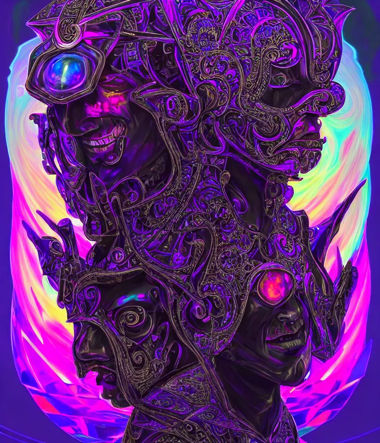 Image similar to front!!! shot of a court jester!!! character, hyperdimensional, bioluminescent hypercubes, dark holography!!!, sunset psychedelic, chrome, (((intricate))), elegant, highly detailed, centered, (((artstation, concept art, smooth, sharp focus, artgerm, Tomasz Alen Kopera, Peter Mohrbacher, donato giancola, Joseph Christian Leyendecker, WLOP, Boris Vallejo))), mugshot!!!!!, ugly!!!!!!, octane render, nvidia raytracing demo, octane render, nvidia raytracing demo, octane render, nvidia raytracing demo, grainy, muted, 8K, digitalblasphemy, metatron