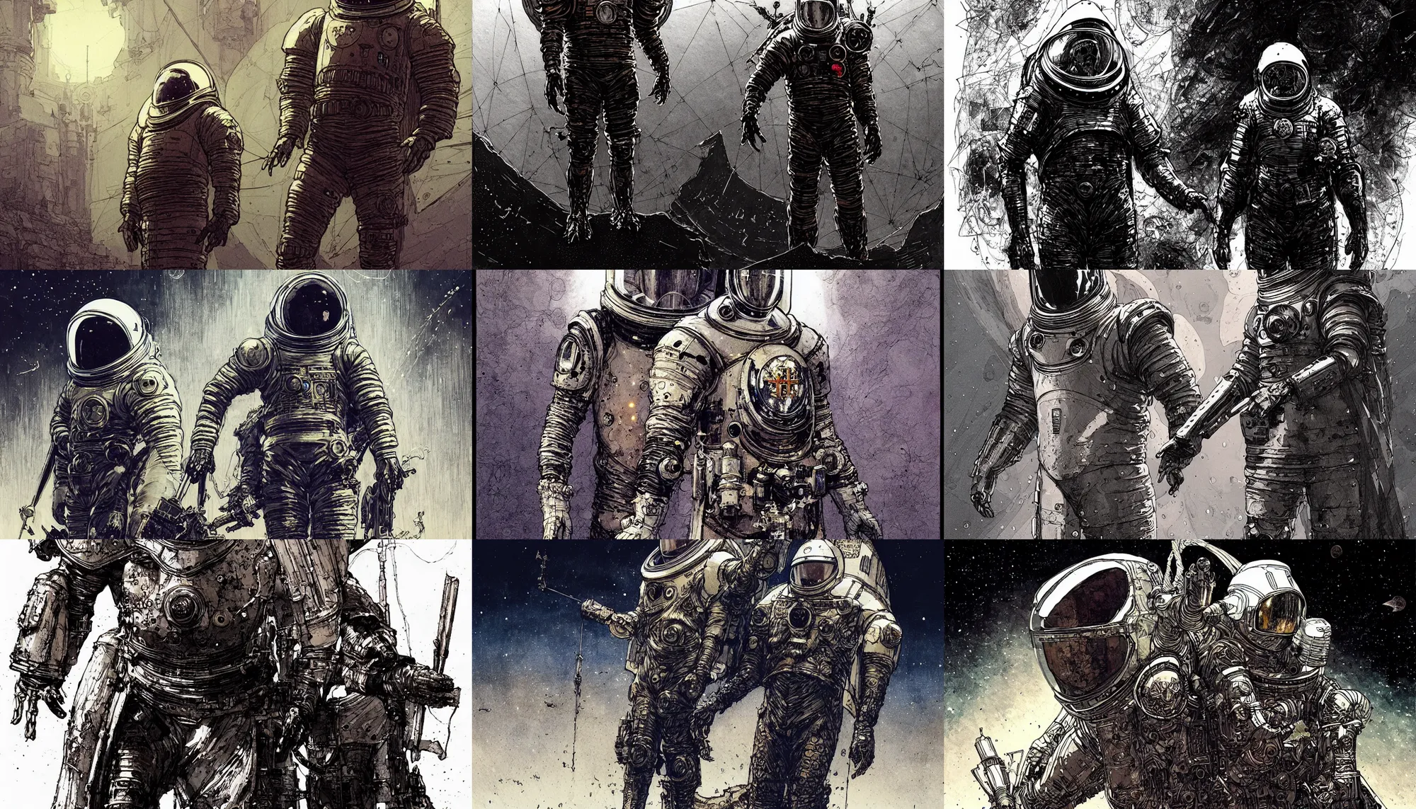 Image similar to A knights templar wearing a space suit. concept art, pen and ink, intricate line drawings, by John Harris, Emil Melmoth, Craig Mullins, yoji shinkawa, artstation, moebius comic, Marc Simonetti, lan McQue, Kentaro, Miura, hyper detailed, cinematic