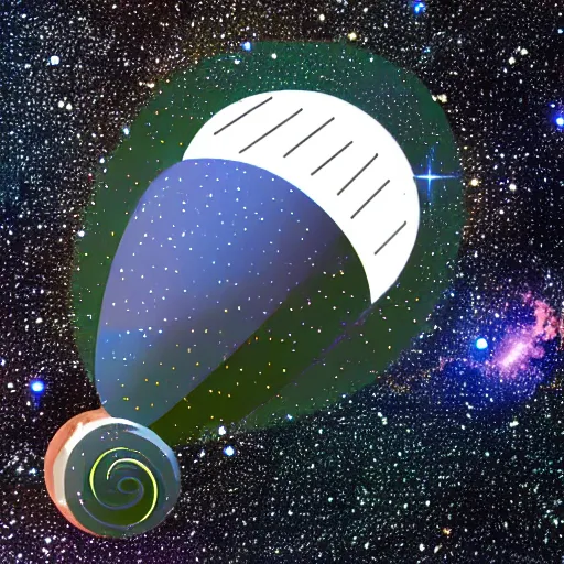 Image similar to a spaceship in the shape of a snail flying through space