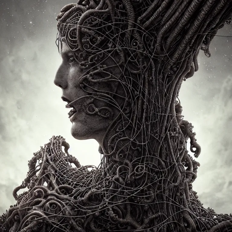 Prompt: ribbed abandoned closeup face portrait of an angel on exoplanet, covered with tentacles, roots, wires, tubes, baroque painting, standing in a desolate empty wasteland, creepy, nightmare, dream-like heavy atmosphere, surreal abandoned buildings, beautiful detailed intricate insanely detailed octane render trending on Artstation, 8K artistic photography, photorealistic, chiaroscuro, Raphael, Caravaggio, Beksinski, Giger