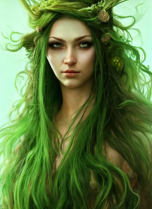 Image similar to beautiful wood goddess with long hair, bright green eyes, fantasy, elegant, concept art, sharp focus, beautiful face!!, digital art, Hyper-realistic, 4K, Unreal Engine, Highly Detailed, HD, Dramatic Lighting by Brom, trending on Artstation