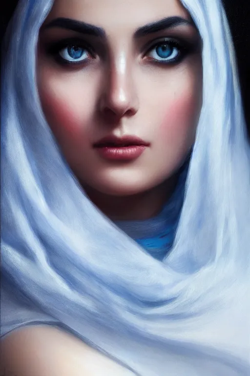 Prompt: arab Ameera al-Taweel, bright blue eyes, black hair, simple white veil, closeup, focus face, elegant, highly detailed, centered, oil painting, artstation, concept art by tom bagshaw