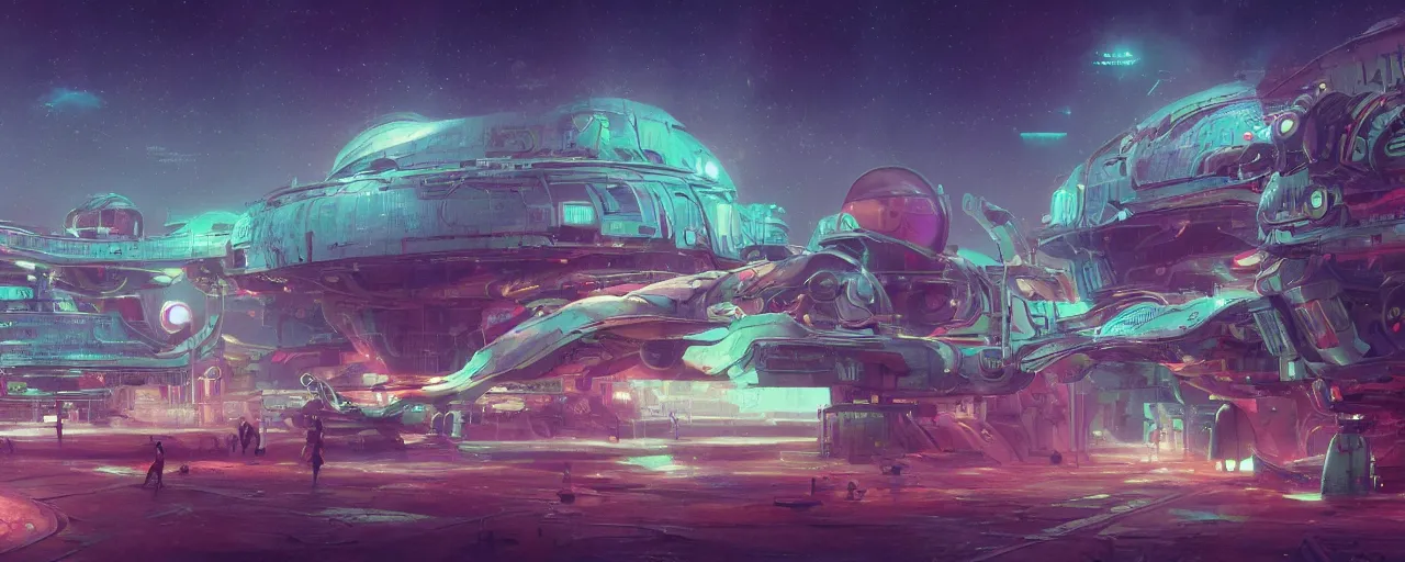 Image similar to detailed concept art illustration colorful pastel painting of a retro sci-fi alien spaceport in full intricate detail, ultra detailed, digital art, octane render, 4K, dystopian, micro details