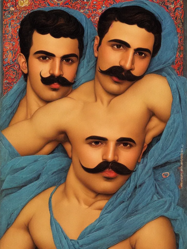 Prompt: close up portrait of a 20 years old muscular persian iranian wrestler handsome man flexing and posing with a mustache by victor Nizovtsev and Botticelli